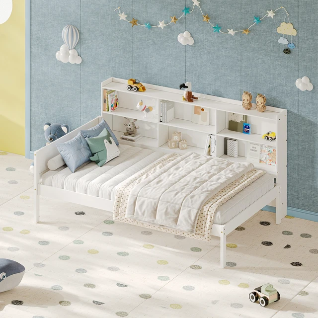 Alt view image 5 of 7 - Twin Size Solid Single Bed with Large Compartment Storage Headboard Bookshelf, Simple Solid Bed Frame Functional