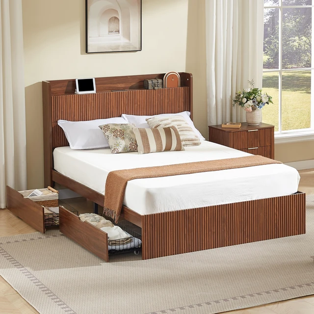 Main image of Queen Size Platform Bed Frame with Storage Drawers and Built in Charging Station, Wooden Storage Box Bed Large Capacity