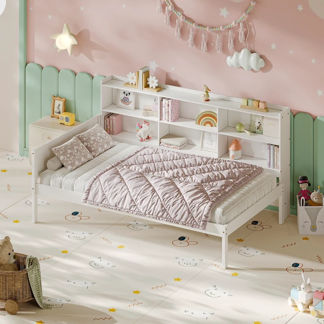 Alt view image 7 of 7 - Twin Size Solid Single Bed with Large Compartment Storage Headboard Bookshelf, Simple Solid Bed Frame Functional
