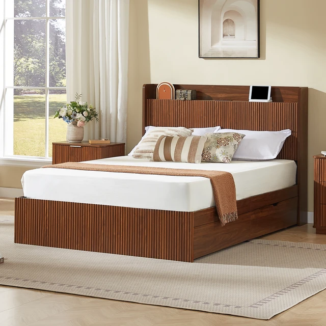 Alt view image 6 of 7 - Queen Size Platform Bed Frame with Storage Drawers and Built in Charging Station, Wooden Storage Box Bed Large Capacity