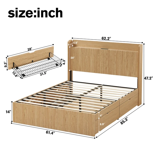 Alt view image 6 of 7 - Queen Size Platform Bed Frame with Storage Drawers and Built in Charging Station, Wooden Storage Box Bed Large Capacity