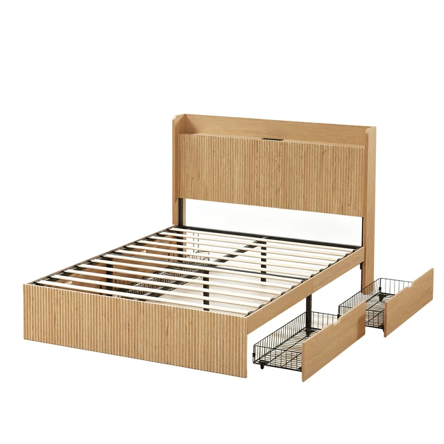 Alt view image 4 of 7 - Queen Size Platform Bed Frame with Storage Drawers and Built in Charging Station, Wooden Storage Box Bed Large Capacity