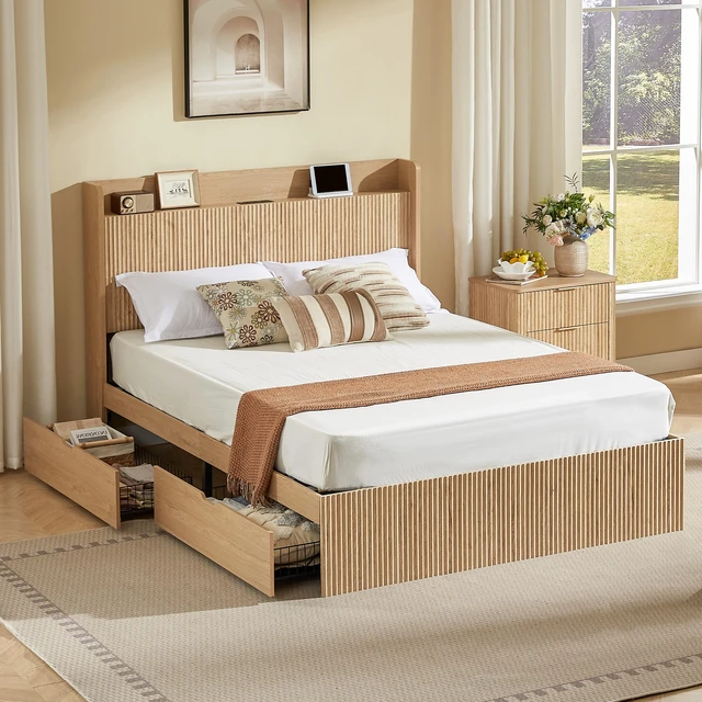 Main image of Queen Size Platform Bed Frame with Storage Drawers and Built in Charging Station, Wooden Storage Box Bed Large Capacity