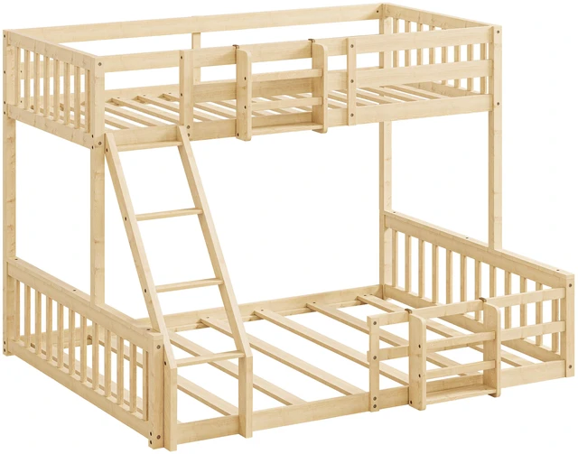 Alt view image 3 of 7 - Twin Over Full Floor Bunk Bed with Ladder and Bookshelf, Space Saving Noise Box Spring Needed, Natural, Wood, Beds
