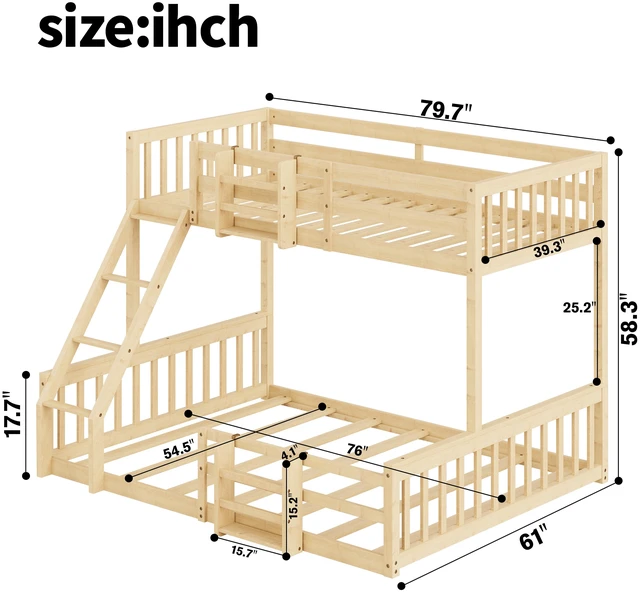 Alt view image 4 of 7 - Twin Over Full Floor Bunk Bed with Ladder and Bookshelf, Space Saving Noise Box Spring Needed, Natural, Wood, Beds