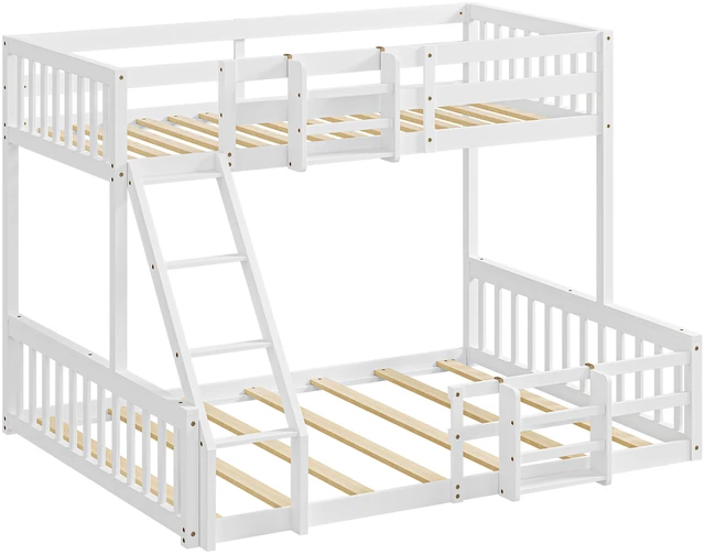 Alt view image 2 of 7 - Twin Over Full Floor Bunk Bed with Ladder and Bookshelf, Space Saving Noise Box Spring Needed, White, Wood, Beds Frames
