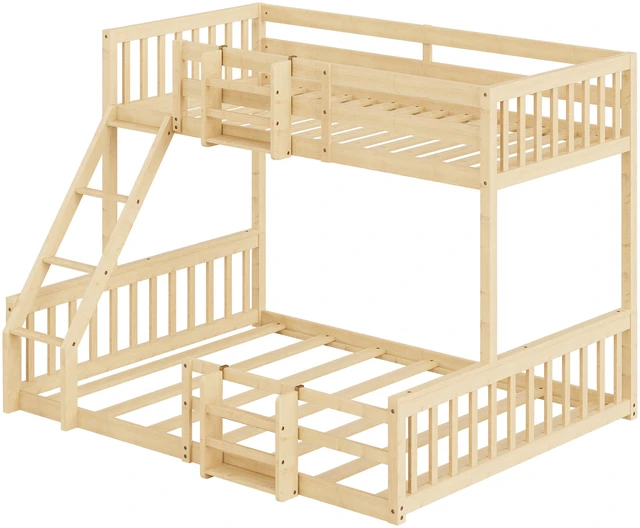 Alt view image 2 of 7 - Twin Over Full Floor Bunk Bed with Ladder and Bookshelf, Space Saving Noise Box Spring Needed, Natural, Wood, Beds