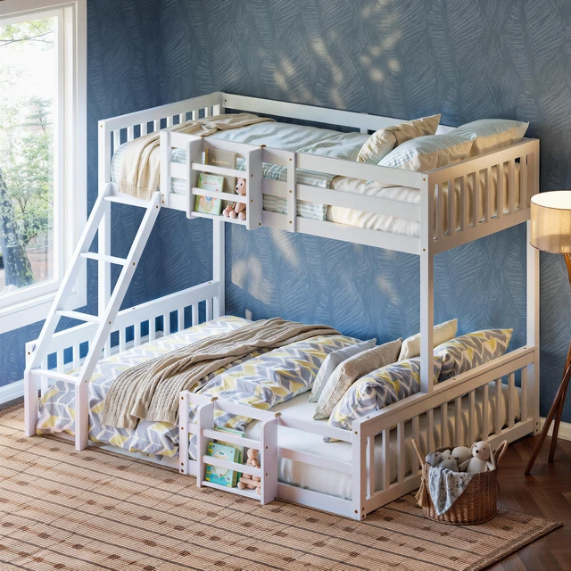 Main image of Twin Over Full Floor Bunk Bed with Ladder and Bookshelf, Space Saving Noise Box Spring Needed, White, Wood, Beds Frames