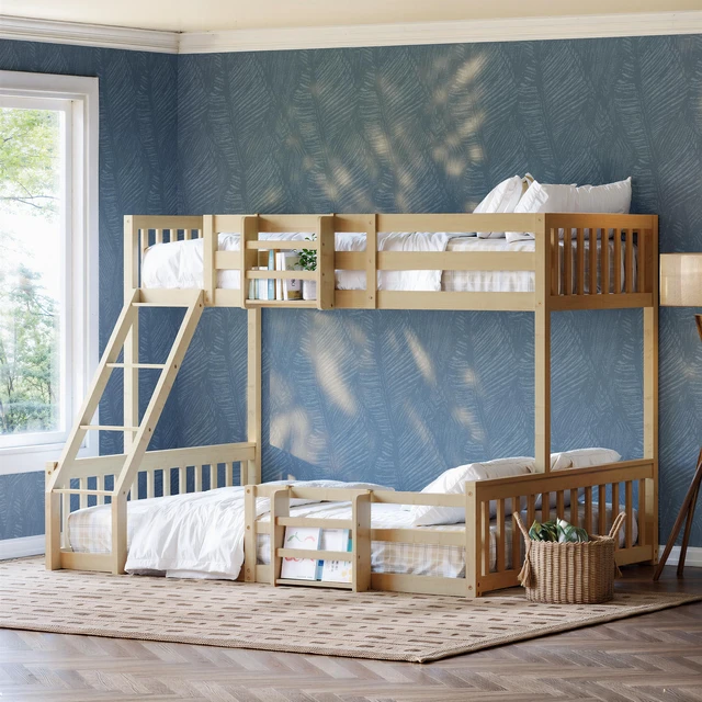 Alt view image 6 of 7 - Twin Over Full Floor Bunk Bed with Ladder and Bookshelf, Space Saving Noise Box Spring Needed, Natural, Wood, Beds