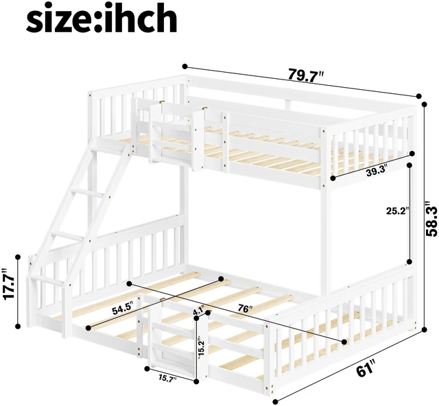 Alt view image 4 of 7 - Twin Over Full Floor Bunk Bed with Ladder and Bookshelf, Space Saving Noise Box Spring Needed, White, Wood, Beds Frames
