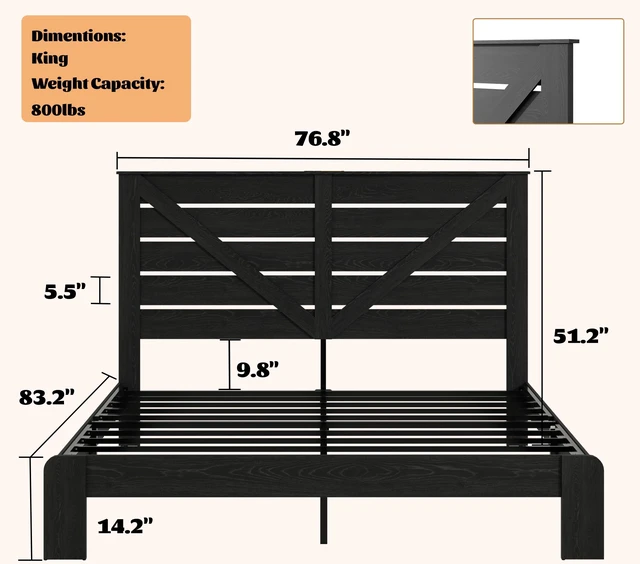 Alt view image 5 of 7 - King Bed Frame Headboard, Platform Bed Frame Noise Box Spring Needed and Easy Assembly Tool Large Under Storage, Black