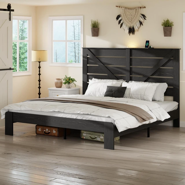 Main image of King Bed Frame Headboard, Platform Bed Frame Noise Box Spring Needed and Easy Assembly Tool Large Under Storage, Black