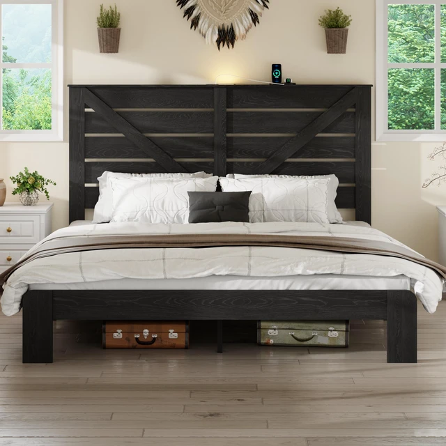Alt view image 3 of 7 - King Bed Frame Headboard, Platform Bed Frame Noise Box Spring Needed and Easy Assembly Tool Large Under Storage, Black