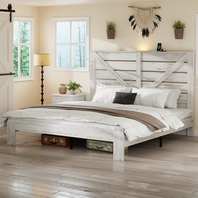 Main image of King Bed Frame Headboard, Platform Bed Frame Noise Box Spring Needed and Easy Assembly Tool Large Under Storage, White