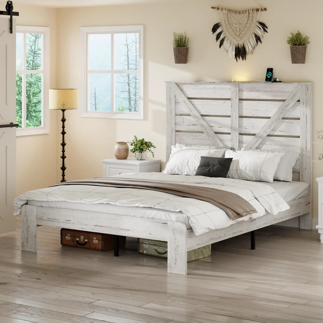 Main image of Full Bed Frame Headboard, Platform Bed Frame Noise Box Spring Needed and Easy Assembly Tool Large Under Storage, White