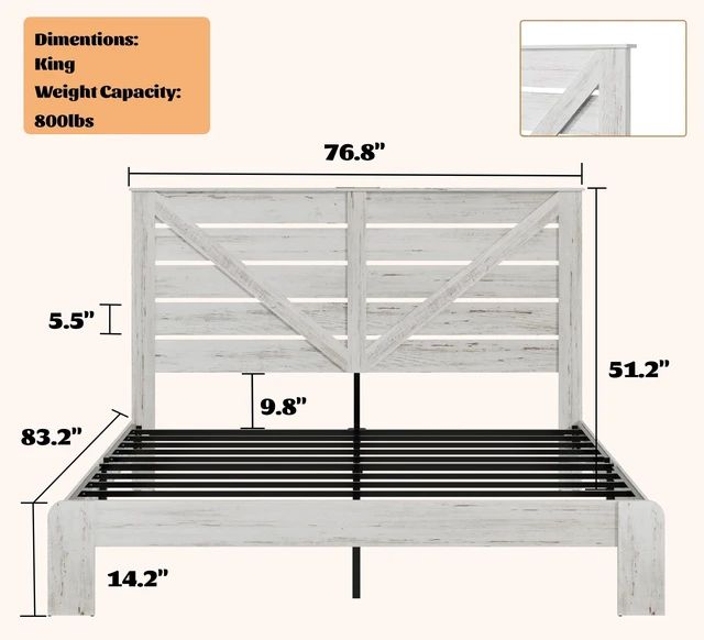 Alt view image 6 of 7 - King Bed Frame Headboard, Platform Bed Frame Noise Box Spring Needed and Easy Assembly Tool Large Under Storage, White