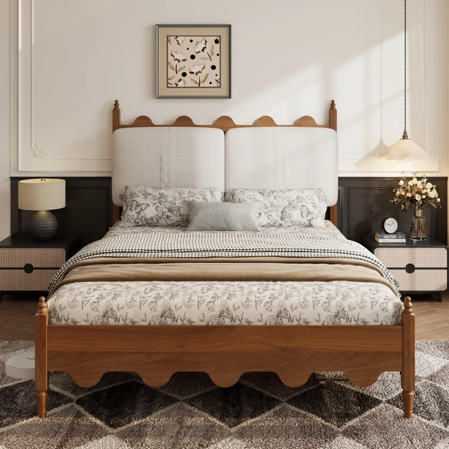 Main image of Queen Size Bed Frame with Upholstered Headboard, Solid Wood Legs Scalloped Design Box Spring Needed Heavy Duty Support