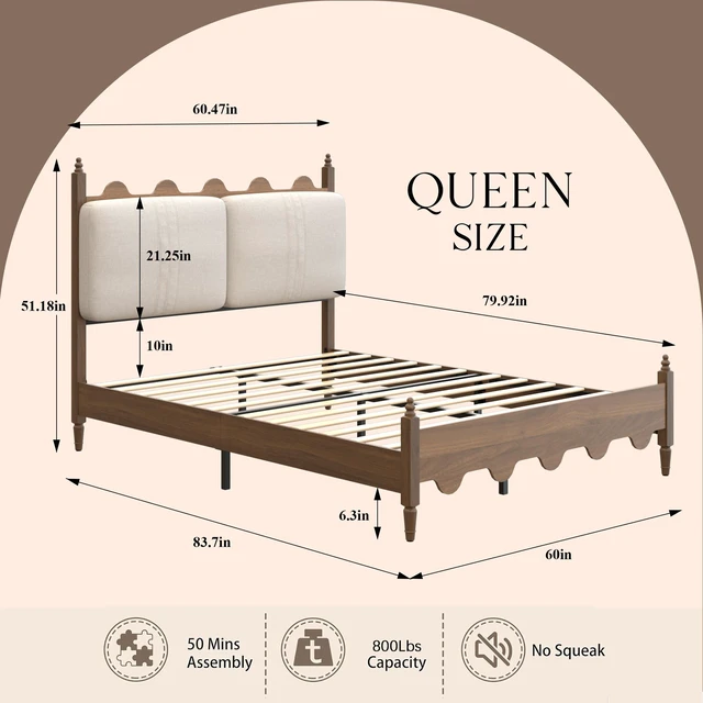 Alt view image 5 of 7 - Queen Size Bed Frame with Upholstered Headboard, Solid Wood Legs Scalloped Design Box Spring Needed Heavy Duty Support