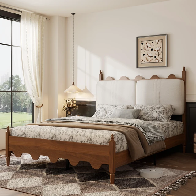 Alt view image 2 of 7 - Queen Size Bed Frame with Upholstered Headboard, Solid Wood Legs Scalloped Design Box Spring Needed Heavy Duty Support