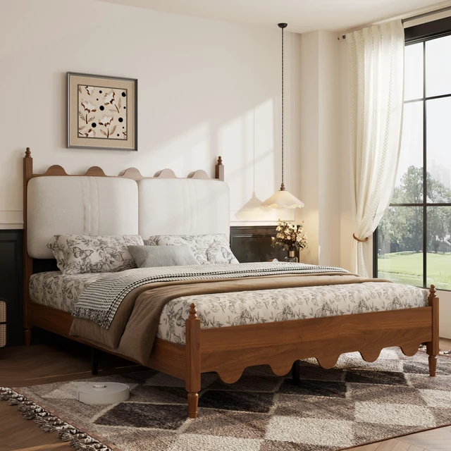 Alt view image 3 of 7 - Queen Size Bed Frame with Upholstered Headboard, Solid Wood Legs Scalloped Design Box Spring Needed Heavy Duty Support