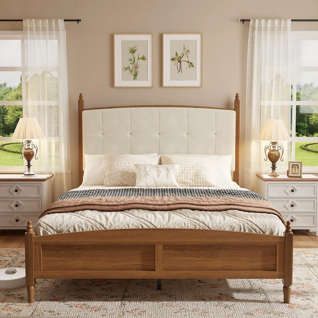Main image of Queen Size Bed Frame in Walnut Finish, Spindle Platform Bed Supported, Walnut Brown, MDF and Metal, Beds Frames Bases