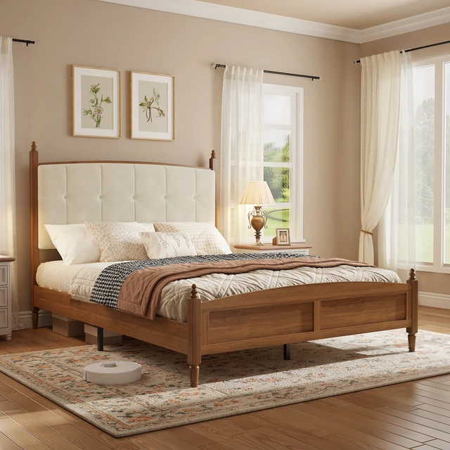 Alt view image 2 of 7 - Queen Size Bed Frame in Walnut Finish, Spindle Platform Bed Supported, Walnut Brown, MDF and Metal, Beds Frames Bases