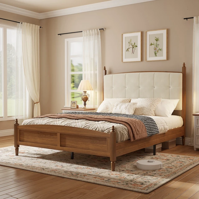 Alt view image 4 of 7 - Queen Size Bed Frame in Walnut Finish, Spindle Platform Bed Supported, Walnut Brown, MDF and Metal, Beds Frames Bases