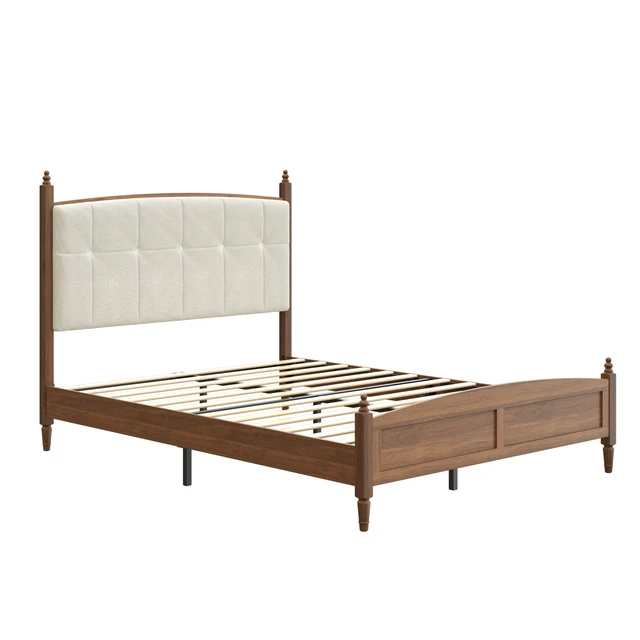 Alt view image 6 of 7 - Queen Size Bed Frame in Walnut Finish, Spindle Platform Bed Supported, Walnut Brown, MDF and Metal, Beds Frames Bases