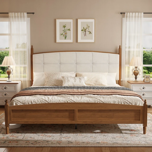Alt view image 2 of 7 - King Size Bed Frame in Walnut Finish, Spindle Platform Bed Supported, Walnut Brown, MDF and Metal, Beds Frames Bases