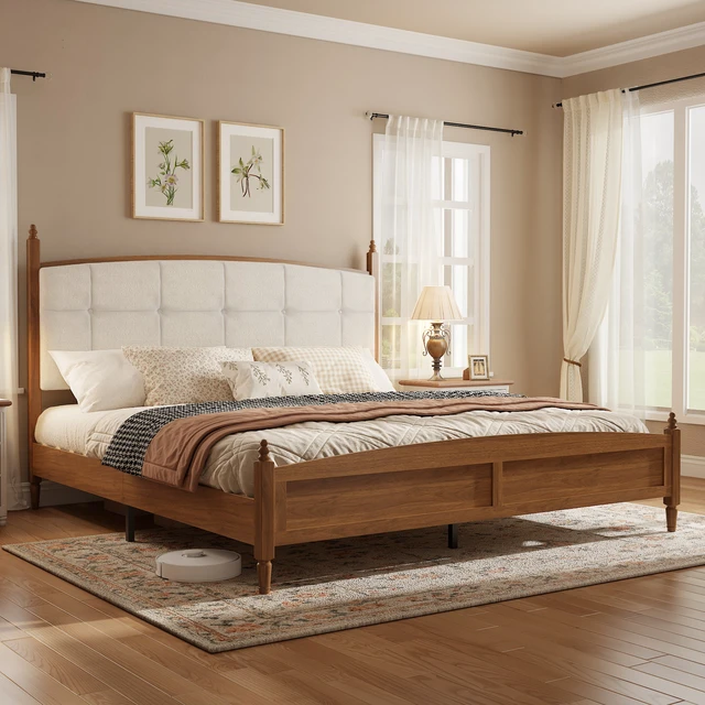 Alt view image 3 of 7 - King Size Bed Frame in Walnut Finish, Spindle Platform Bed Supported, Walnut Brown, MDF and Metal, Beds Frames Bases