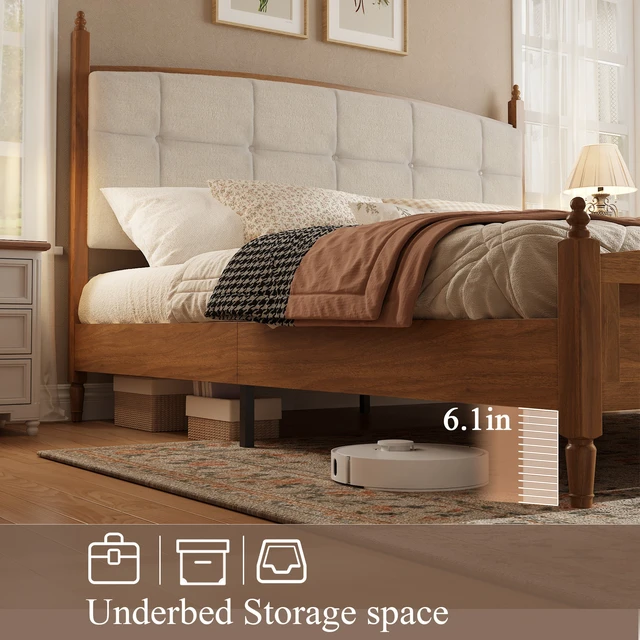Alt view image 4 of 7 - King Size Bed Frame in Walnut Finish, Spindle Platform Bed Supported, Walnut Brown, MDF and Metal, Beds Frames Bases