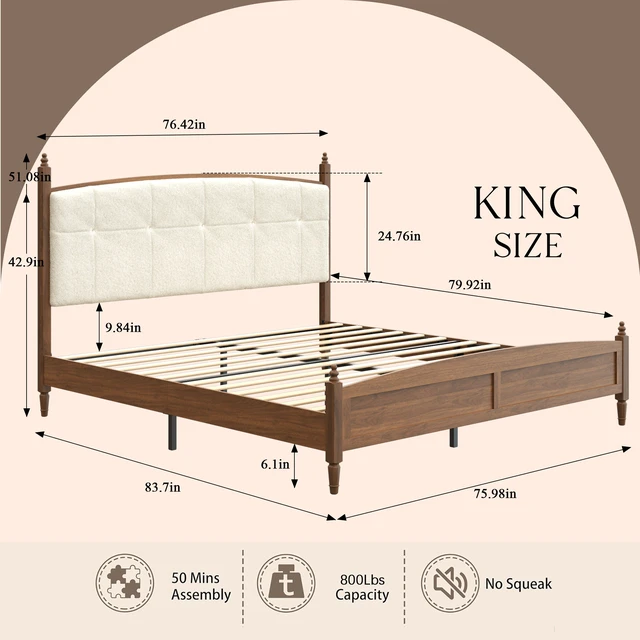 Alt view image 5 of 7 - King Size Bed Frame in Walnut Finish, Spindle Platform Bed Supported, Walnut Brown, MDF and Metal, Beds Frames Bases