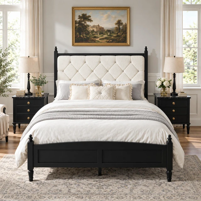 Main image of Queen Size Easy Assembly Upholstered Platform Bed Frame with Soft Padded Headboard, Noise Metal Support, Beige Black