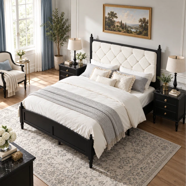 Alt view image 4 of 7 - Queen Size Easy Assembly Upholstered Platform Bed Frame with Soft Padded Headboard, Noise Metal Support, Beige Black