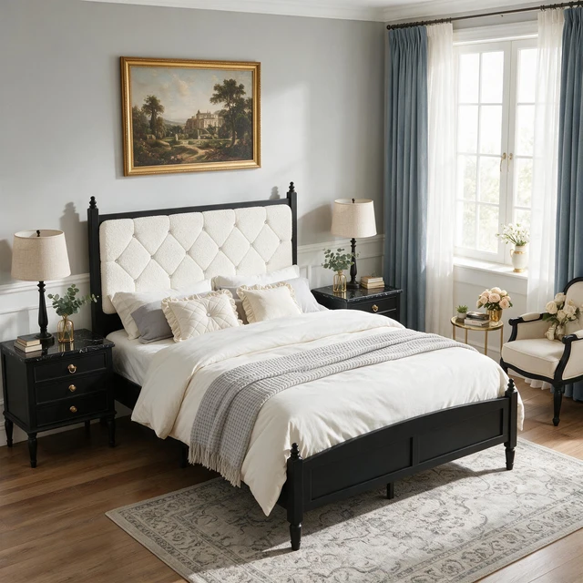 Alt view image 2 of 7 - Queen Size Easy Assembly Upholstered Platform Bed Frame with Soft Padded Headboard, Noise Metal Support, Beige Black