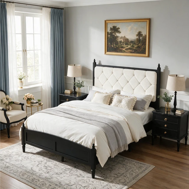 Alt view image 3 of 7 - Queen Size Easy Assembly Upholstered Platform Bed Frame with Soft Padded Headboard, Noise Metal Support, Beige Black