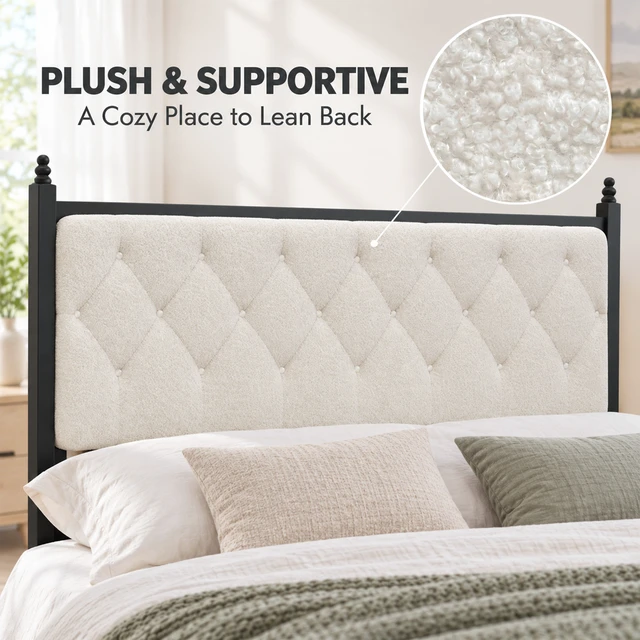 Alt view image 5 of 7 - Queen Size Easy Assembly Upholstered Platform Bed Frame with Soft Padded Headboard, Noise Metal Support, Beige Black