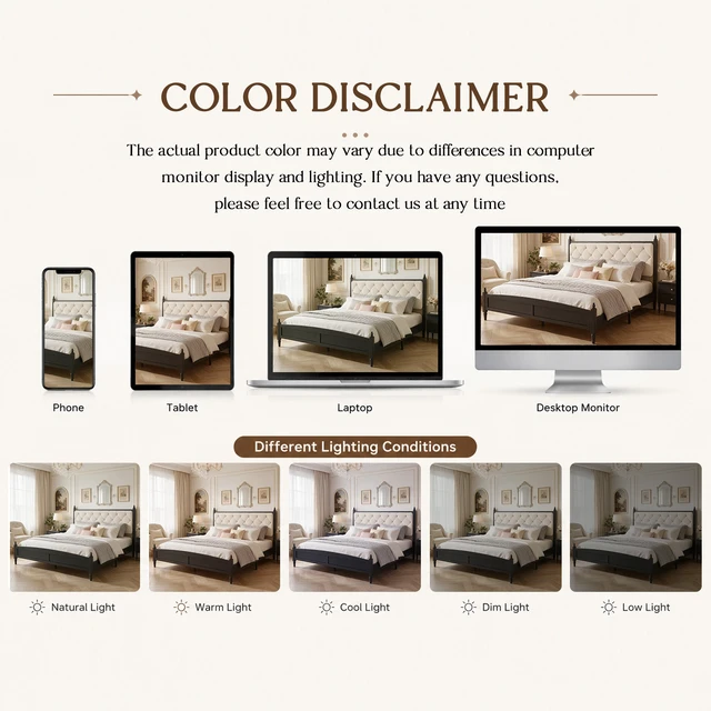 Alt view image 7 of 7 - Queen Size Easy Assembly Upholstered Platform Bed Frame with Soft Padded Headboard, Noise Metal Support, Beige Black