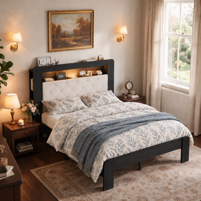 Alt view image 2 of 7 - Queen Platform Bed Frame, Frame with Soft Velvet Slat Support System Easy Assemble Box Spring Required Furniture, Black