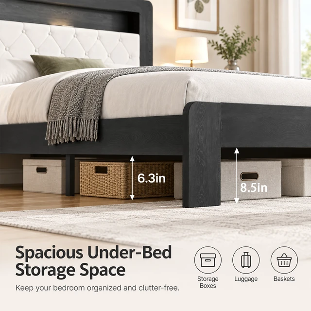 Alt view image 4 of 7 - Queen Platform Bed Frame, Frame with Soft Velvet Slat Support System Easy Assemble Box Spring Required Furniture, Black