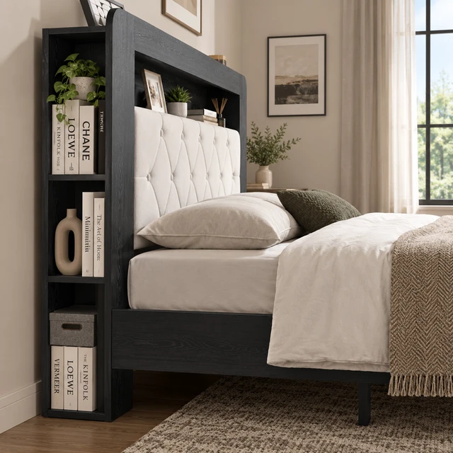 Alt view image 5 of 7 - Queen Platform Bed Frame, Frame with Soft Velvet Slat Support System Easy Assemble Box Spring Required Furniture, Black