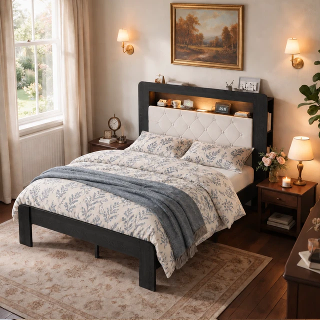 Alt view image 6 of 7 - Queen Platform Bed Frame, Frame with Soft Velvet Slat Support System Easy Assemble Box Spring Required Furniture, Black