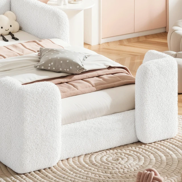 Alt view image 7 of 7 - Twin Shaped Upholstered Floor Bed, Upholstered Kids Bed with Safety Side Rails Solid Children Frame Low Floor Playhouse