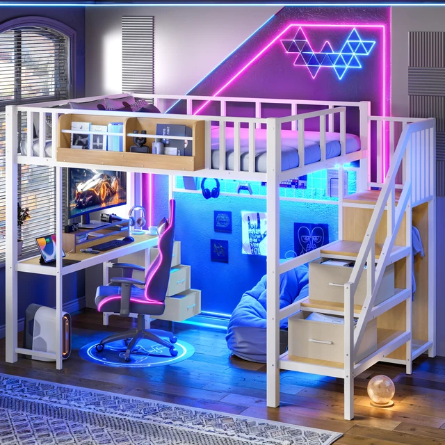 Alt view image 4 of 7 - Full Size Loft Bed with Desk, Heavy Duty Save Space Loft Bed with Drawers and Storage Stair All In-One Metal Frame