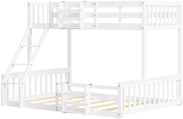 Alt view image 3 of 7 - Twin Over Full Floor Bunk Bed with Ladder and Bookshelf, Space Saving Noise Box Spring Needed, White, Wood, Beds Frames