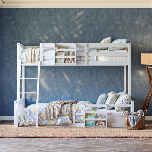 Alt view image 5 of 7 - Twin Over Full Floor Bunk Bed with Ladder and Bookshelf, Space Saving Noise Box Spring Needed, White, Wood, Beds Frames