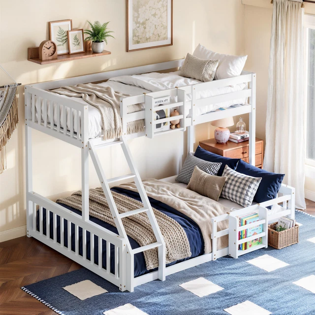 Alt view image 6 of 7 - Twin Over Full Floor Bunk Bed with Ladder and Bookshelf, Space Saving Noise Box Spring Needed, White, Wood, Beds Frames