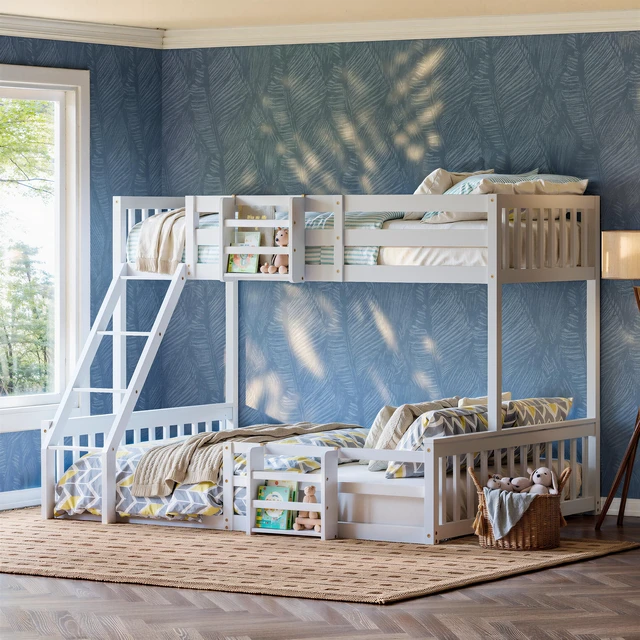 Alt view image 7 of 7 - Twin Over Full Floor Bunk Bed with Ladder and Bookshelf, Space Saving Noise Box Spring Needed, White, Wood, Beds Frames