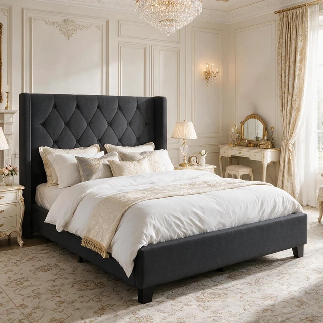 Main image of Queen Size Platform Bed Frame with Tufted Velvet Headboard, Upholstered Bed with Slat Support Box Spring Needed Noise