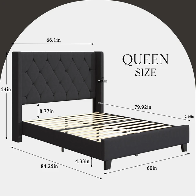 Alt view image 7 of 7 - Queen Size Platform Bed Frame with Tufted Velvet Headboard, Upholstered Bed with Slat Support Box Spring Needed Noise